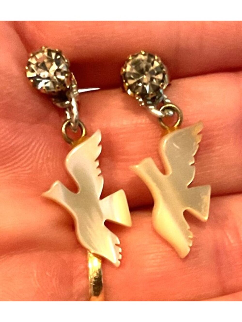 Mother-Of-Pearl Bird Dangle Earrings W/ Crystal Studs Gold-Tone 1"